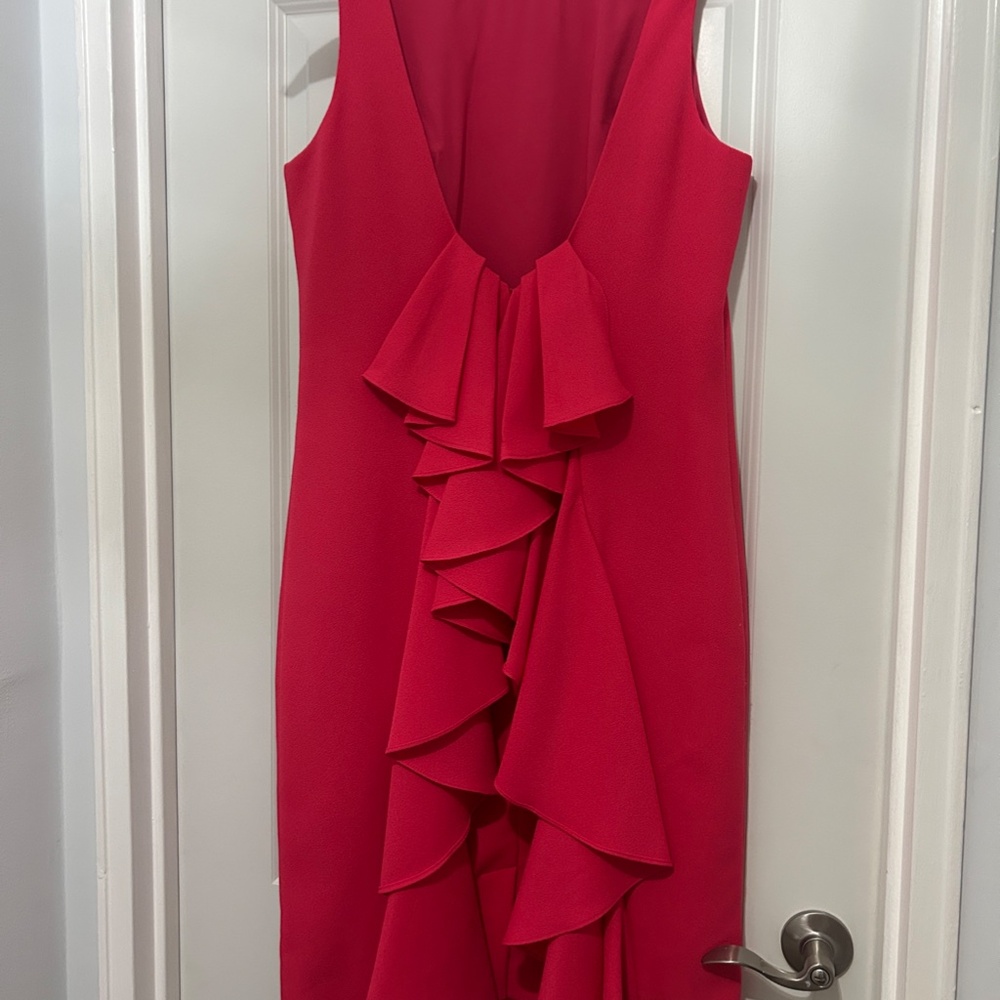 Back View of Badgley Mischka Dk.Pink Cocktail Sheath/Back Vertical Ruffles Sz 12